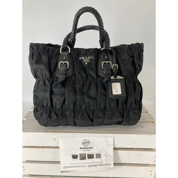 PRADA LARGE BLACK NYLON HANDBAG WITH BRAIDED LEATHER HANDLES - Picture 1 of 16